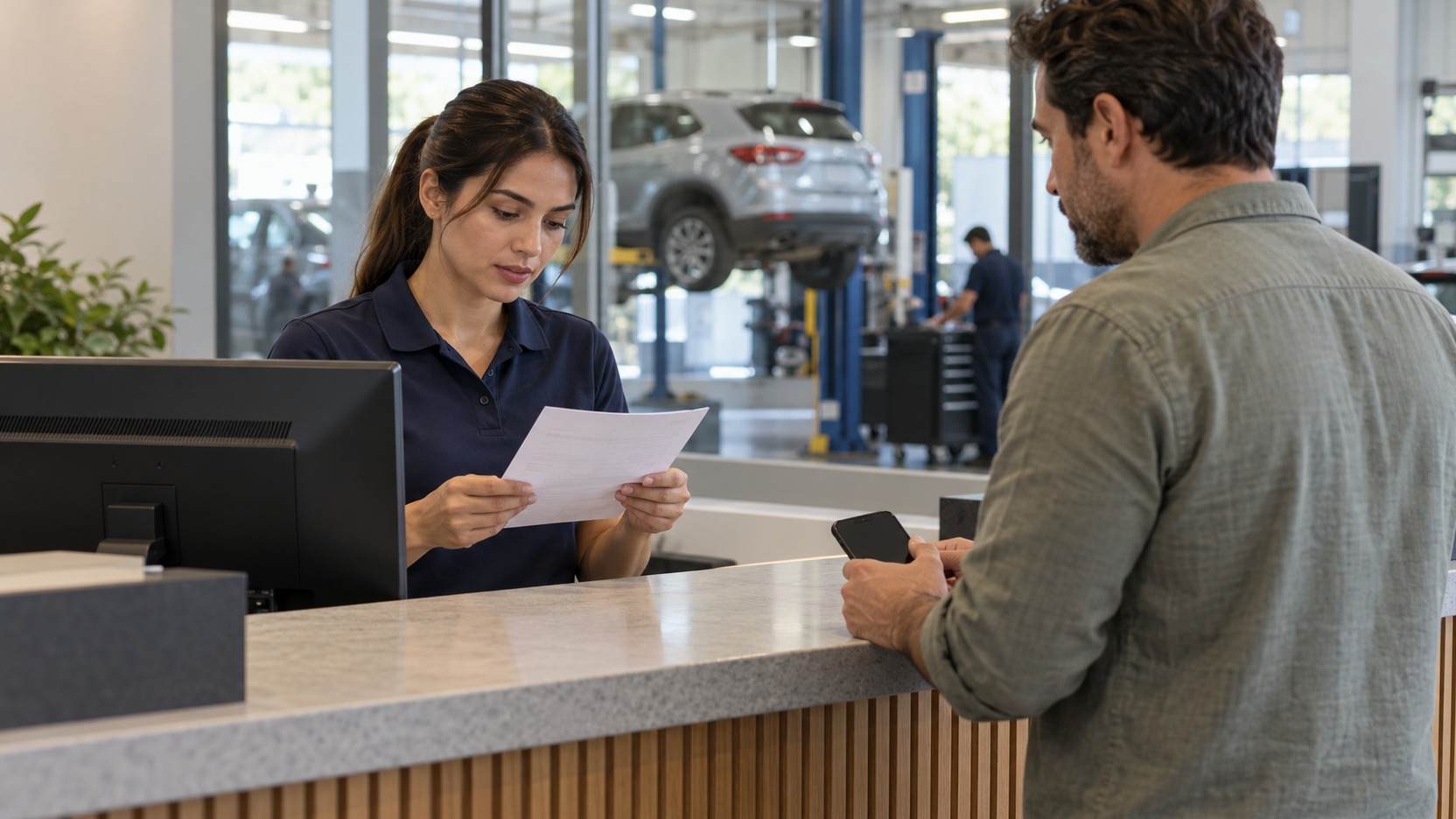 Atendente confere documento no balcão de oficina organizada enquanto cliente aguarda com celular de tela apagada, sem interface visível