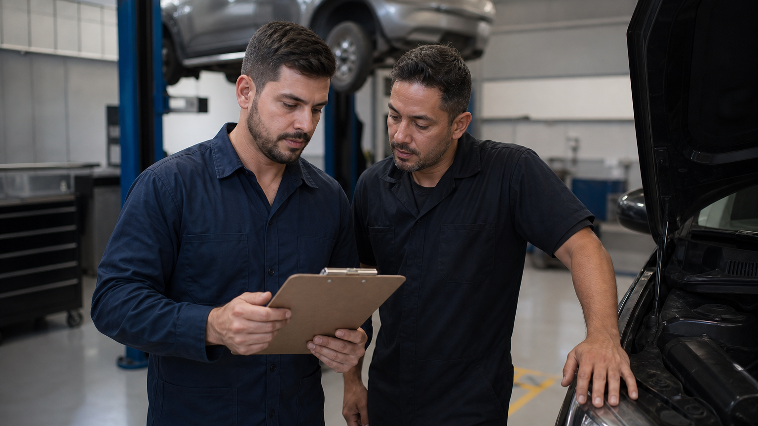 Consultor técnico e mecânico conferindo checklist de qualidade ao lado de carro dentro de oficina mecânica organizada