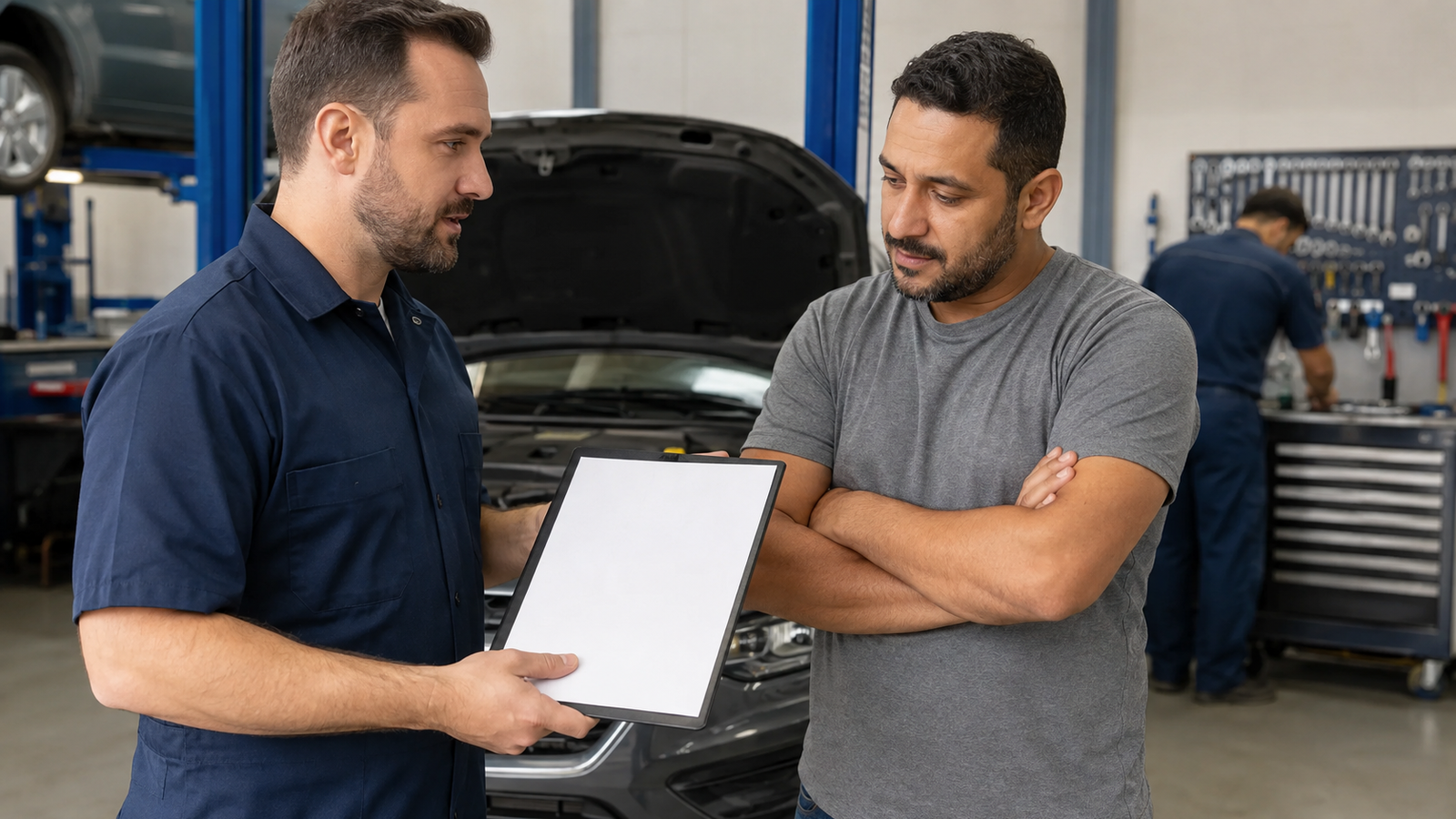 Consultor técnico mostrando laudo de diagnóstico impresso a um cliente ao lado de carro em oficina limpa e profissional
