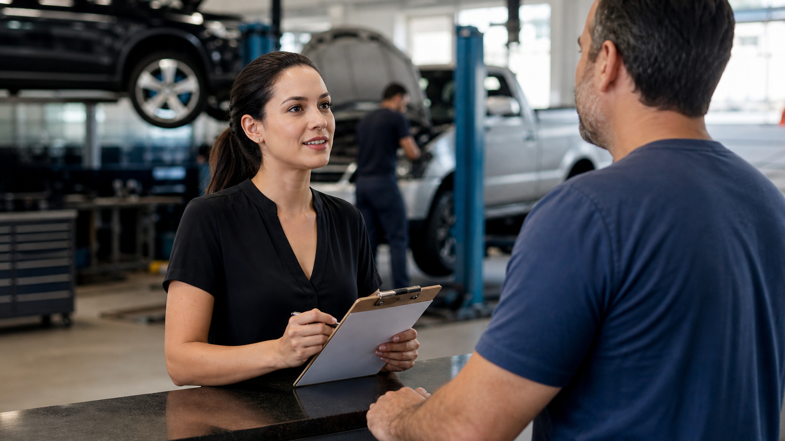 Consultora de oficina conversando com cliente no balcão de atendimento dentro de auto center organizado