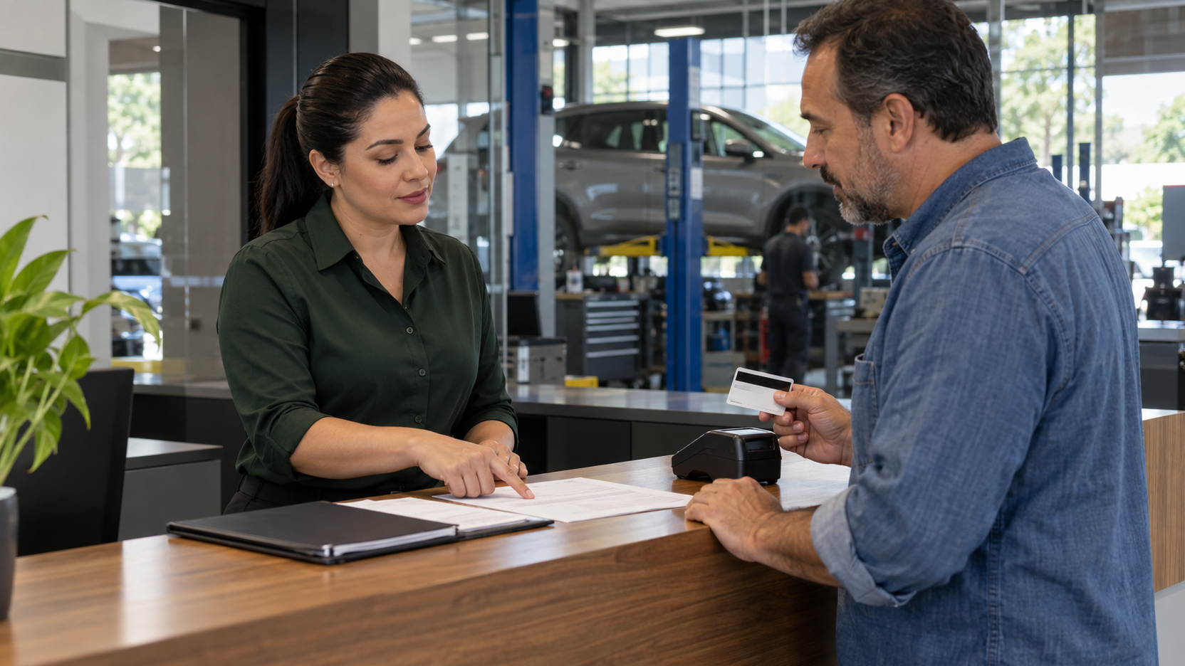 Atendente orienta cliente com cartão na mão ao lado de terminal de pagamento na recepção de oficina limpa, com carro no elevador ao fundo e sem interface legível