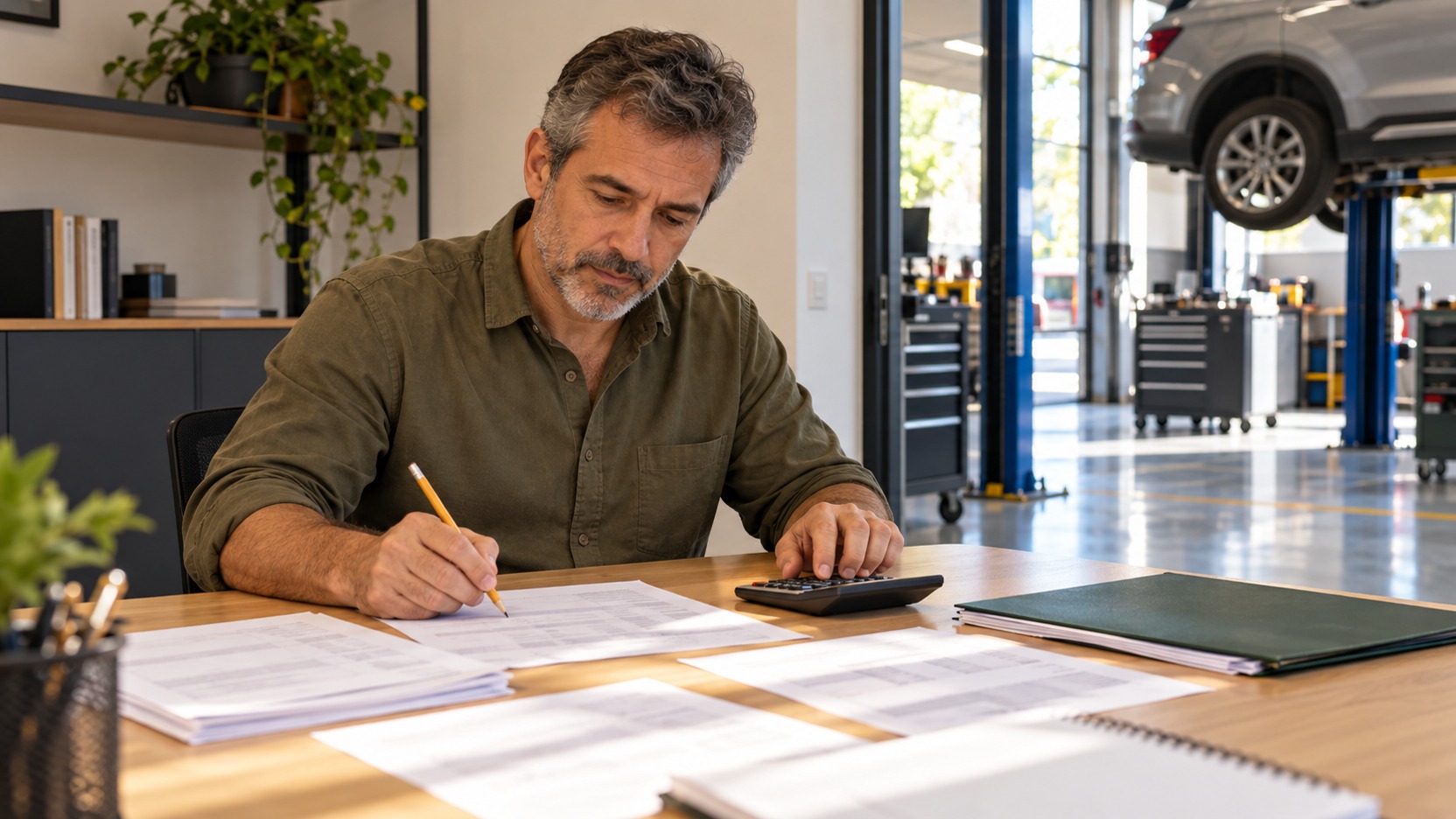Gestor usa calculadora e confere documentos em mesa de escritório com oficina organizada e veículo elevado ao fundo