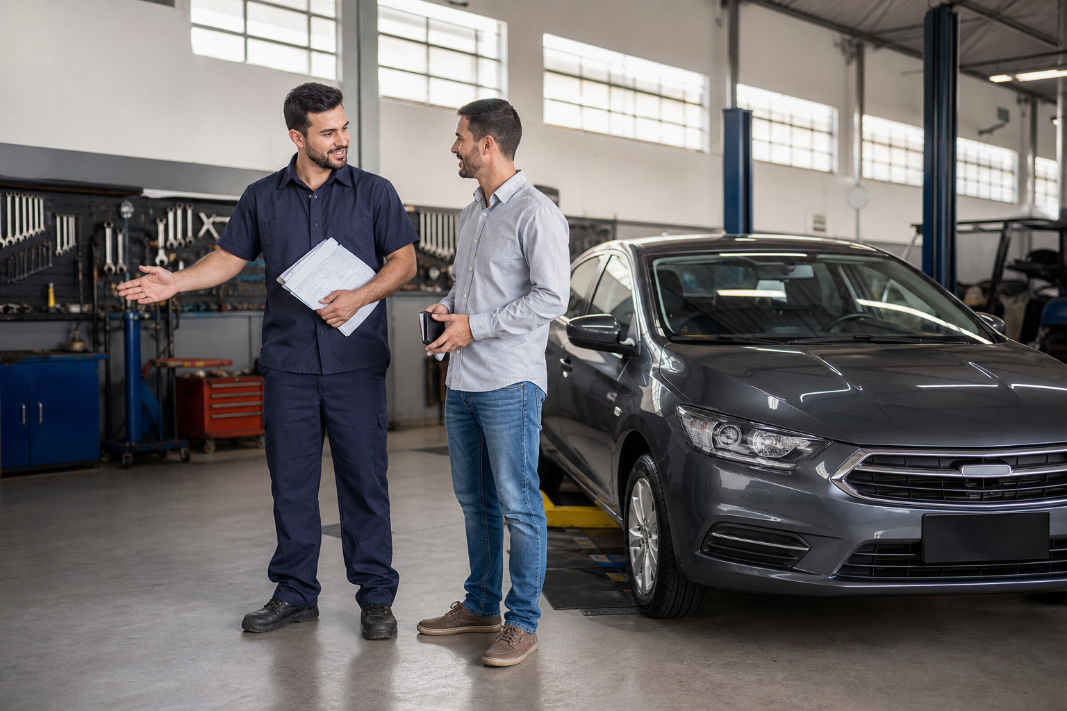 Consultor técnico conversando com cliente sobre retirada de veículo pronto dentro de oficina mecânica organizada