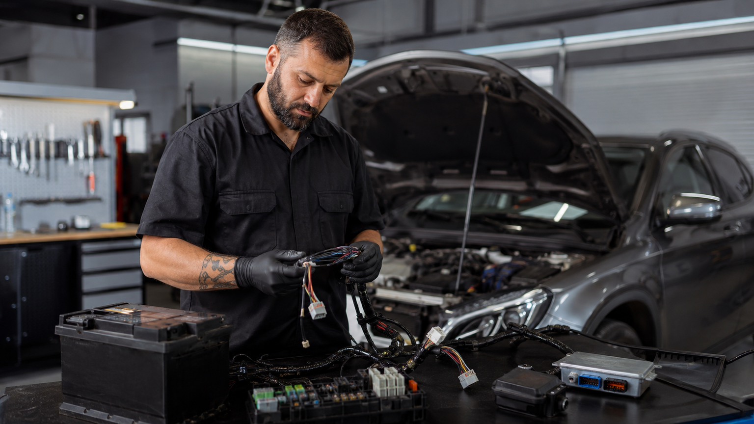 Eletricista automotivo conferindo componentes elétricos e bateria em uma auto elétrica limpa e organizada