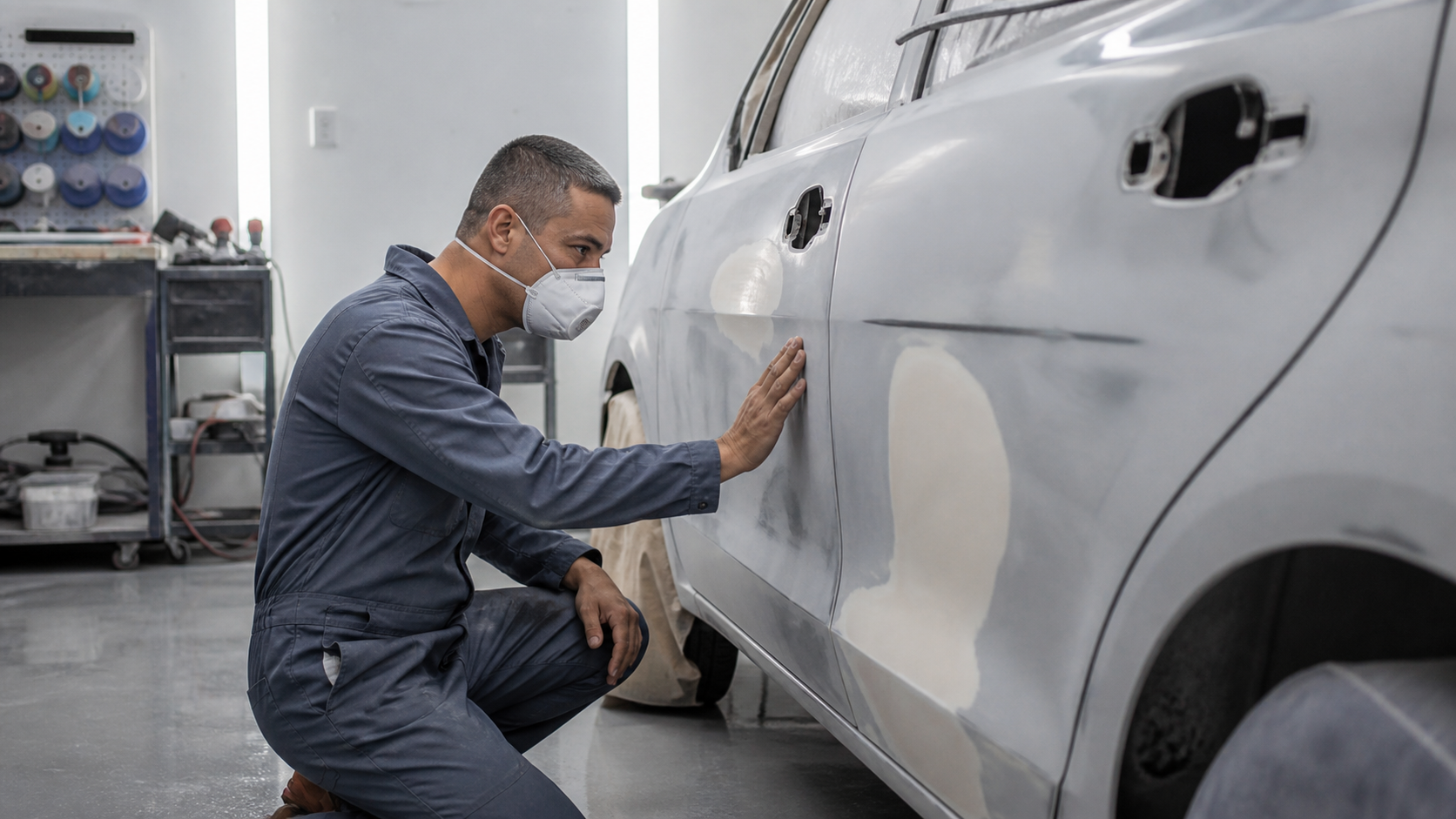 Profissional de funilaria inspecionando lateral de carro em preparação para pintura dentro de oficina limpa e organizada