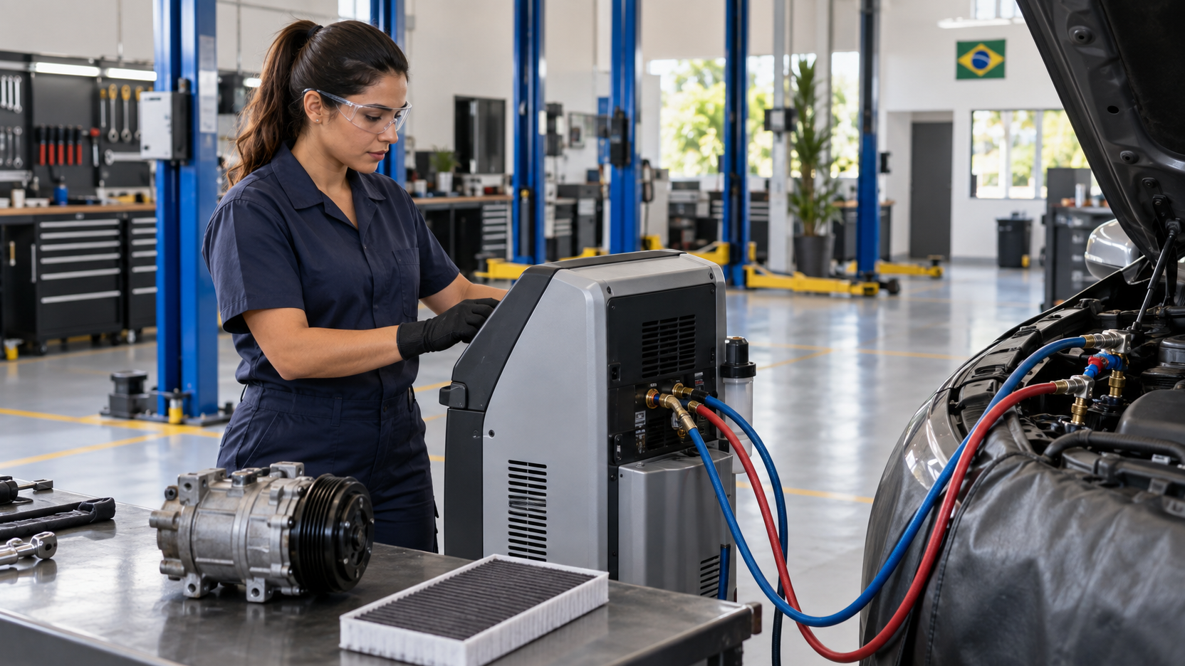 Técnica junto à estação de serviço de ar-condicionado automotivo, com mangueiras conectadas ao veículo e compressor sobre bancada em oficina organizada