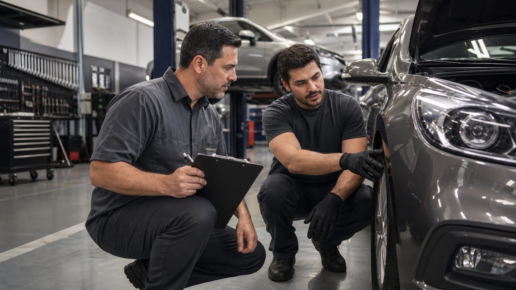 Consultor técnico conferindo checklist de teste de rodagem ao lado de carro dentro de oficina mecânica organizada