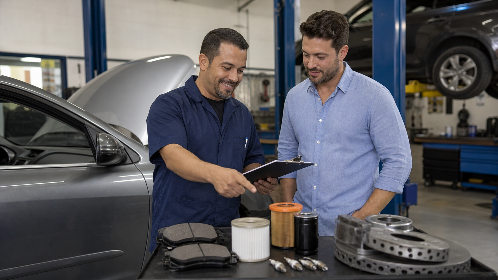 Consultor de oficina conferindo checklist de manutenção preventiva com cliente ao lado do carro dentro de auto center organizado